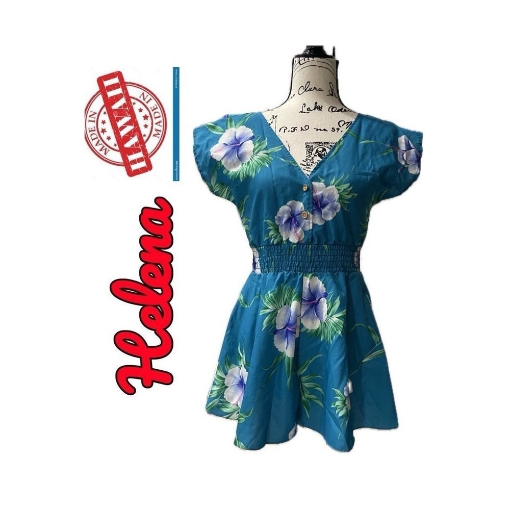 Helena Made in‎ Hawaii Teal Hibiscus Floral Smocked Waist Romper V-Neck Womens